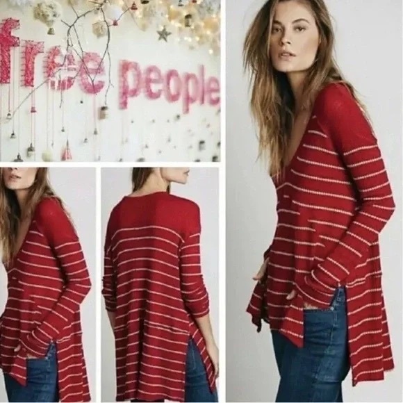 Free People Tops - Free People Sunset Park Striped Thermal waffle Red Oversized XS Raw distressed